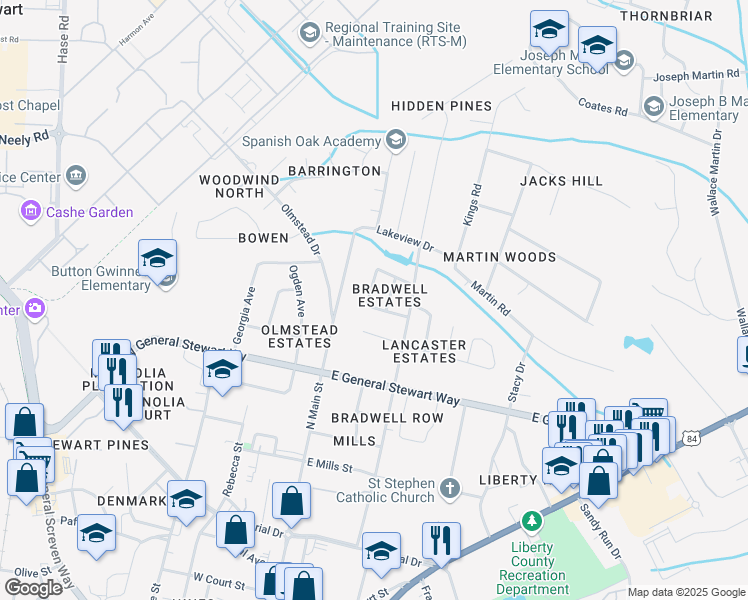 map of restaurants, bars, coffee shops, grocery stores, and more near 716 Truman Street in Hinesville