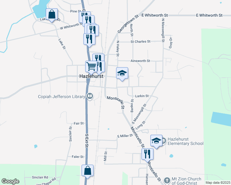 map of restaurants, bars, coffee shops, grocery stores, and more near 208 South Haley Street in Hazlehurst