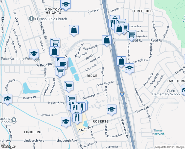 map of restaurants, bars, coffee shops, grocery stores, and more near 213 Cutlass Drive in El Paso