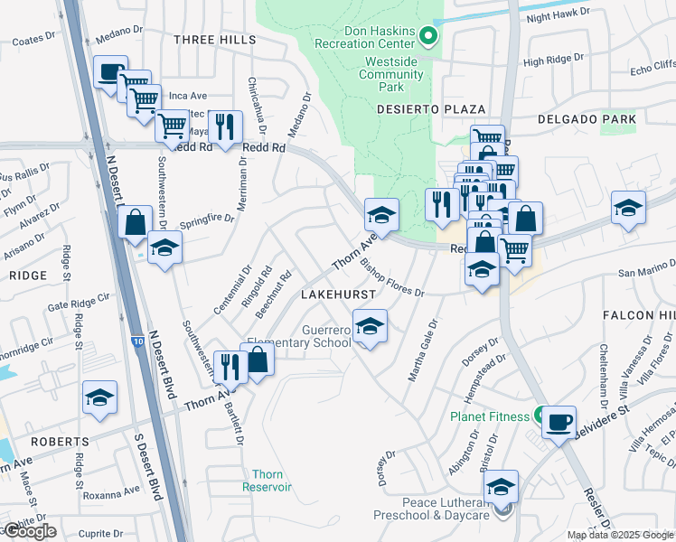 map of restaurants, bars, coffee shops, grocery stores, and more near 7392 Patty Berg Way in El Paso
