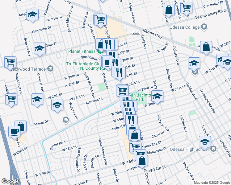 map of restaurants, bars, coffee shops, grocery stores, and more near 2205 Westwood Drive in Odessa