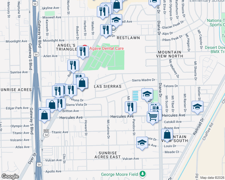map of restaurants, bars, coffee shops, grocery stores, and more near 4816 Sierra Madre Drive in El Paso