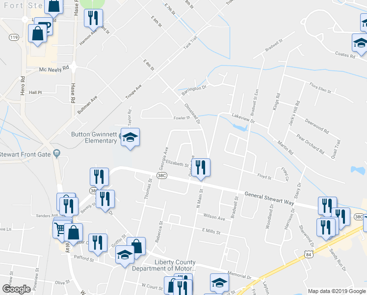 map of restaurants, bars, coffee shops, grocery stores, and more near 608 Caroline Street in Hinesville