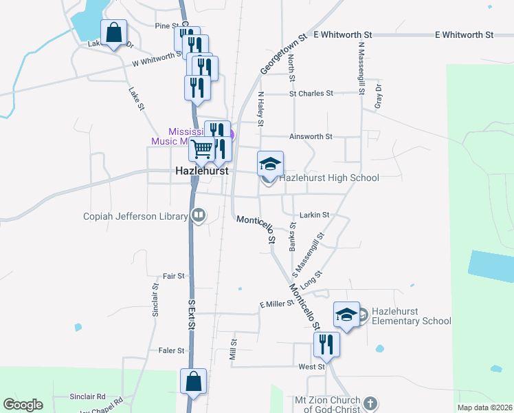 map of restaurants, bars, coffee shops, grocery stores, and more near 208 South Haley Street in Hazlehurst