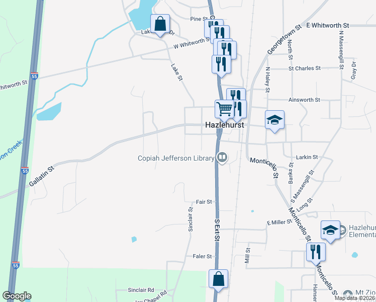 map of restaurants, bars, coffee shops, grocery stores, and more near 127 South King Street in Hazlehurst
