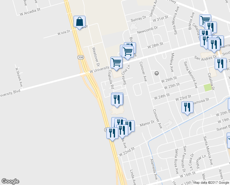 map of restaurants, bars, coffee shops, grocery stores, and more near 2029 Gila Road in Odessa