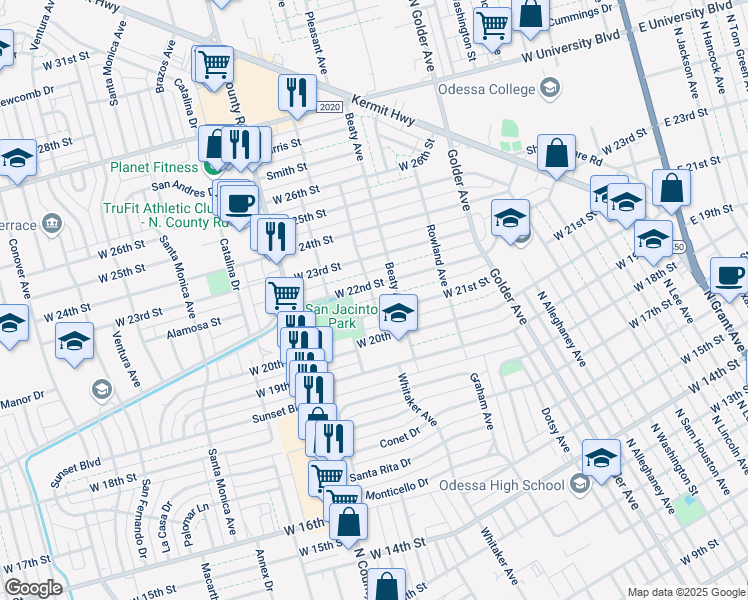 map of restaurants, bars, coffee shops, grocery stores, and more near 2148 Whitaker Avenue in Odessa