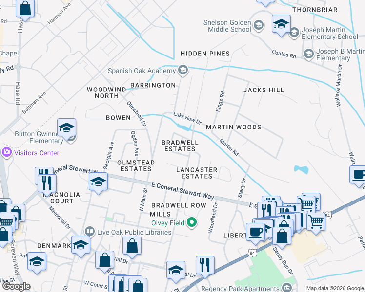 map of restaurants, bars, coffee shops, grocery stores, and more near 718 Johnson Street in Hinesville