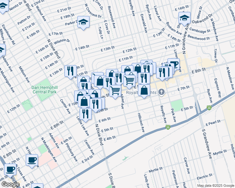 map of restaurants, bars, coffee shops, grocery stores, and more near 1364 East 8th Street in Odessa