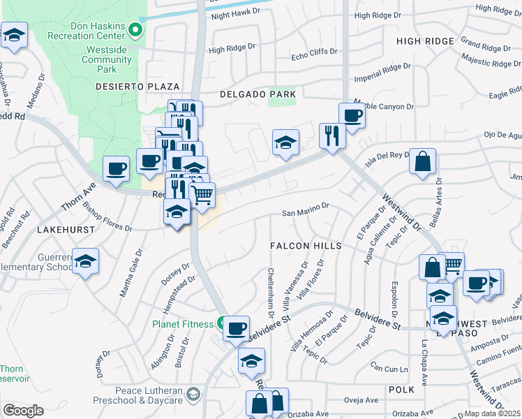 map of restaurants, bars, coffee shops, grocery stores, and more near 7133 San Marino Drive in El Paso