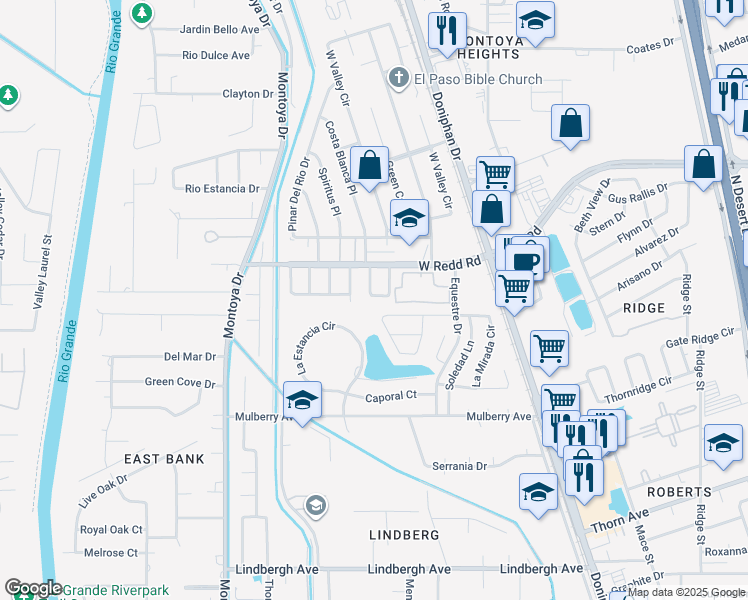 map of restaurants, bars, coffee shops, grocery stores, and more near 321 La Mirada Circle in El Paso