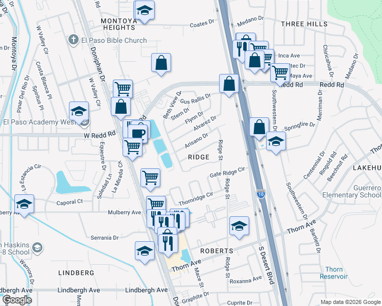 map of restaurants, bars, coffee shops, grocery stores, and more near 213 Cutlass Drive in El Paso