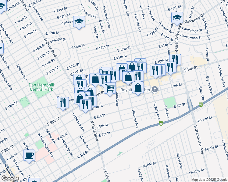 map of restaurants, bars, coffee shops, grocery stores, and more near 1364 E 8th St in Odessa