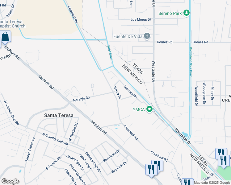 map of restaurants, bars, coffee shops, grocery stores, and more near 6030 Becca Drive in Santa Teresa