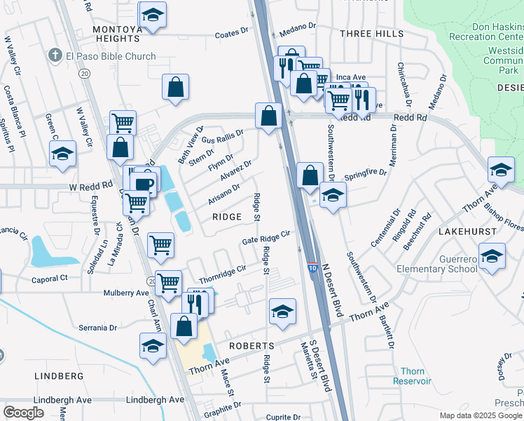 map of restaurants, bars, coffee shops, grocery stores, and more near 5456 Ridge Street in El Paso
