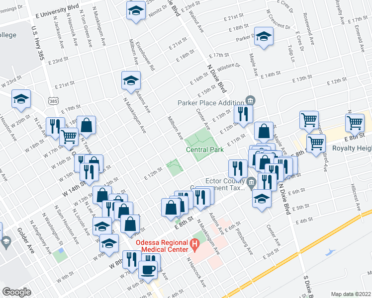 map of restaurants, bars, coffee shops, grocery stores, and more near 1200 Milburn Avenue in Odessa