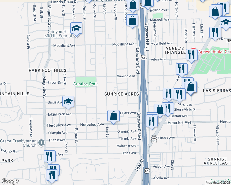 map of restaurants, bars, coffee shops, grocery stores, and more near 8605 Mercury Street in El Paso