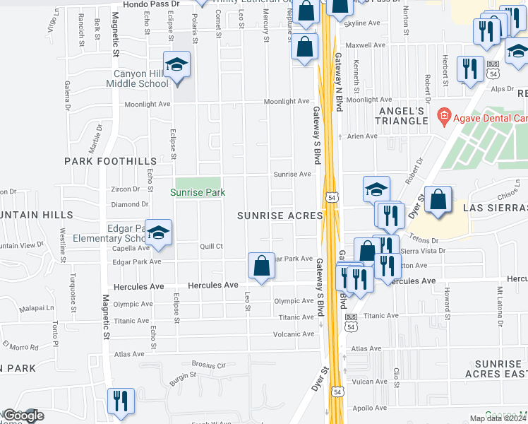 map of restaurants, bars, coffee shops, grocery stores, and more near 8605 Mercury Street in El Paso