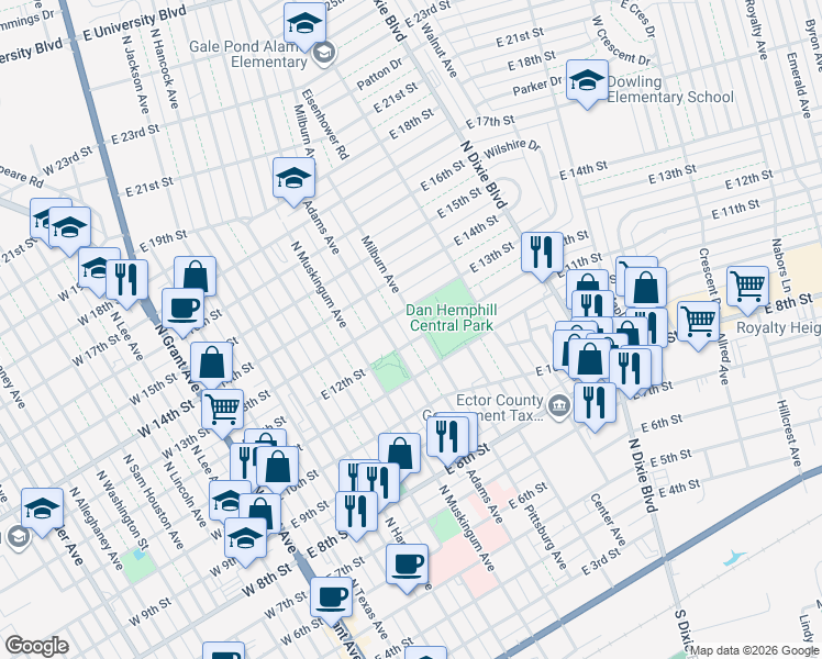map of restaurants, bars, coffee shops, grocery stores, and more near 1200 Milburn Avenue in Odessa
