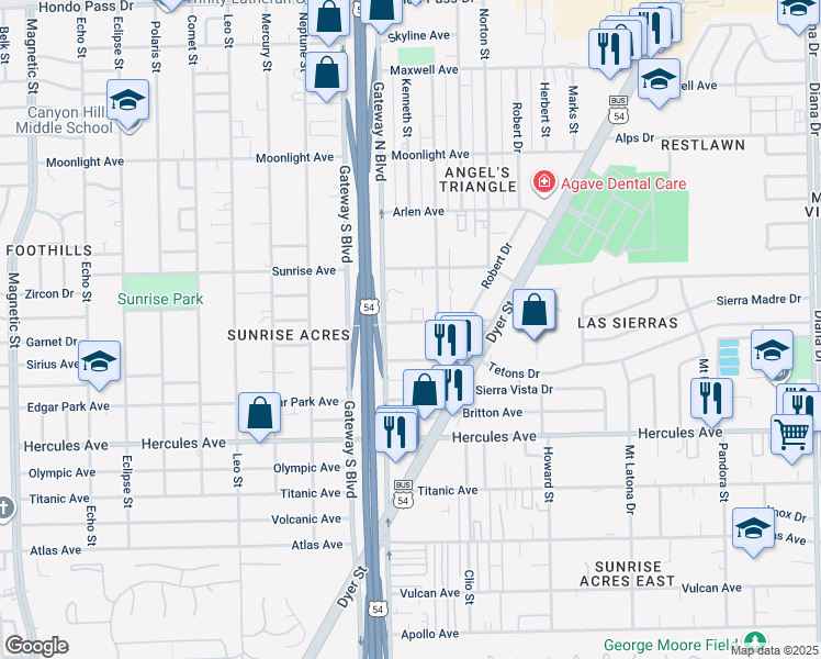 map of restaurants, bars, coffee shops, grocery stores, and more near 4500 Lawrence Avenue in El Paso