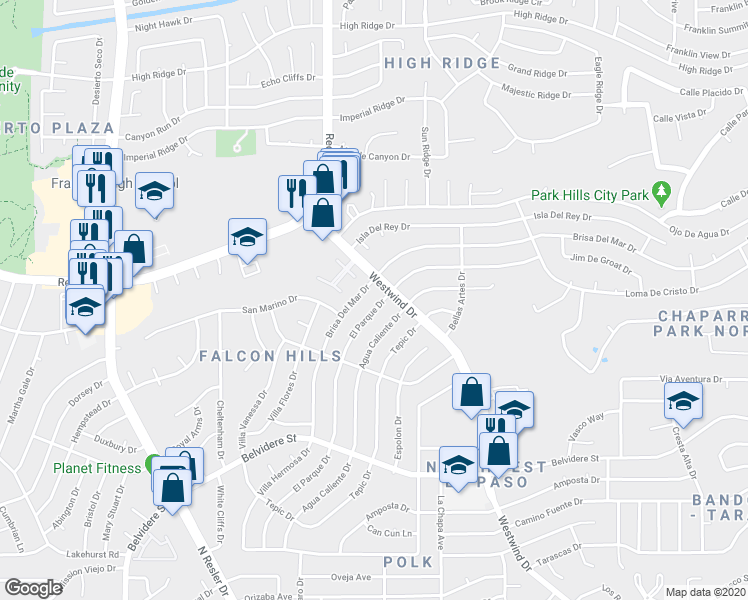 map of restaurants, bars, coffee shops, grocery stores, and more near 849 El Parque Drive in El Paso