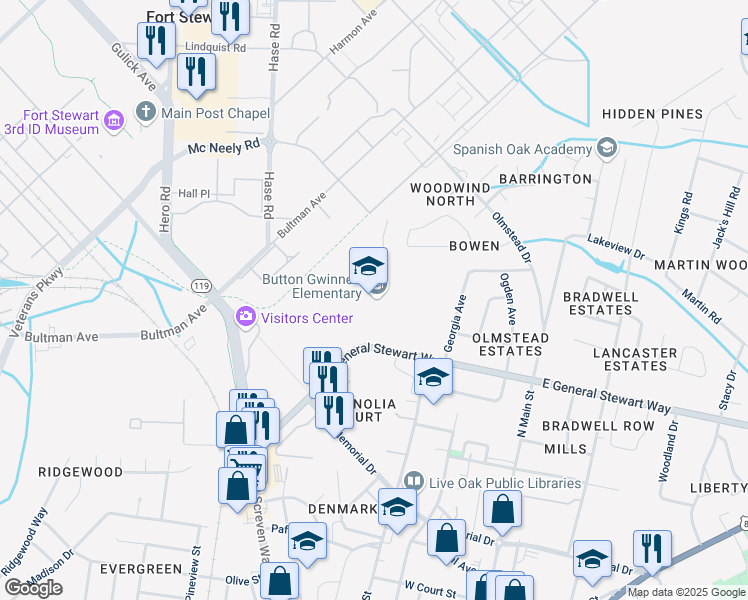map of restaurants, bars, coffee shops, grocery stores, and more near 635 Taylor Road in Hinesville