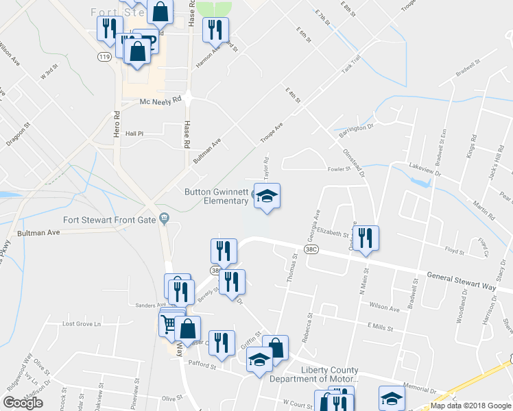 map of restaurants, bars, coffee shops, grocery stores, and more near 635 Taylor Road in Hinesville