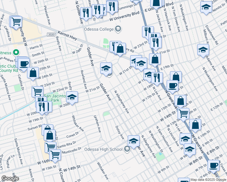 map of restaurants, bars, coffee shops, grocery stores, and more near 1919 North Alleghaney Avenue in Odessa