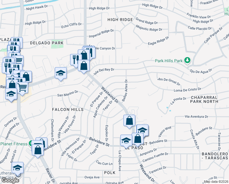 map of restaurants, bars, coffee shops, grocery stores, and more near 900 Agua Caliente Drive in El Paso