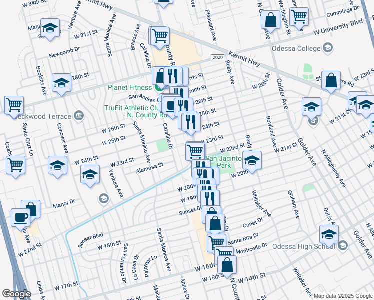 map of restaurants, bars, coffee shops, grocery stores, and more near 2205 Westwood Drive in Odessa