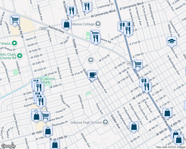map of restaurants, bars, coffee shops, grocery stores, and more near 1919 North Alleghaney Avenue in Odessa