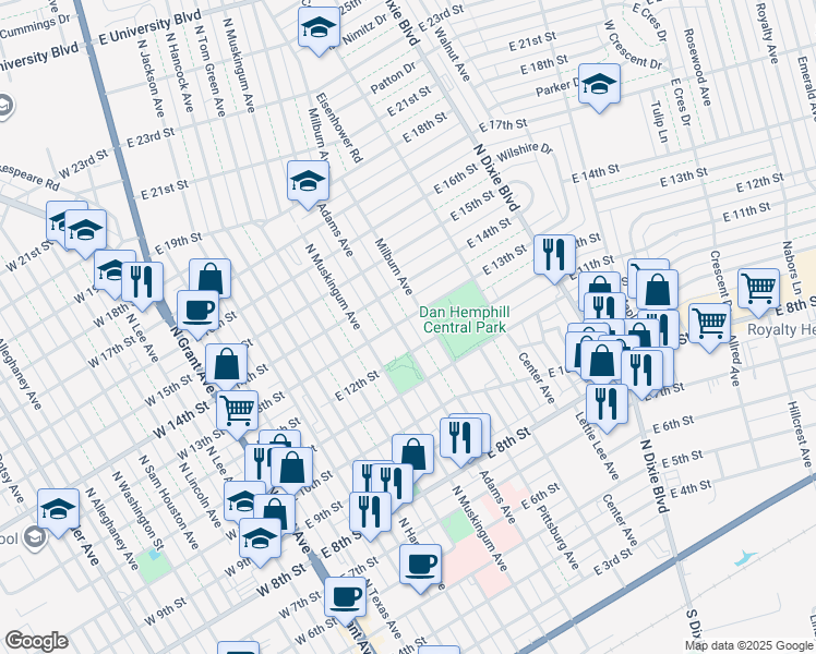 map of restaurants, bars, coffee shops, grocery stores, and more near 1200 Milburn Avenue in Odessa