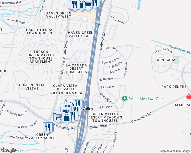 map of restaurants, bars, coffee shops, grocery stores, and more near 750 South Abrego Drive in Green Valley