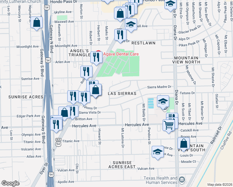 map of restaurants, bars, coffee shops, grocery stores, and more near 4737 Sierra Madre Drive in El Paso