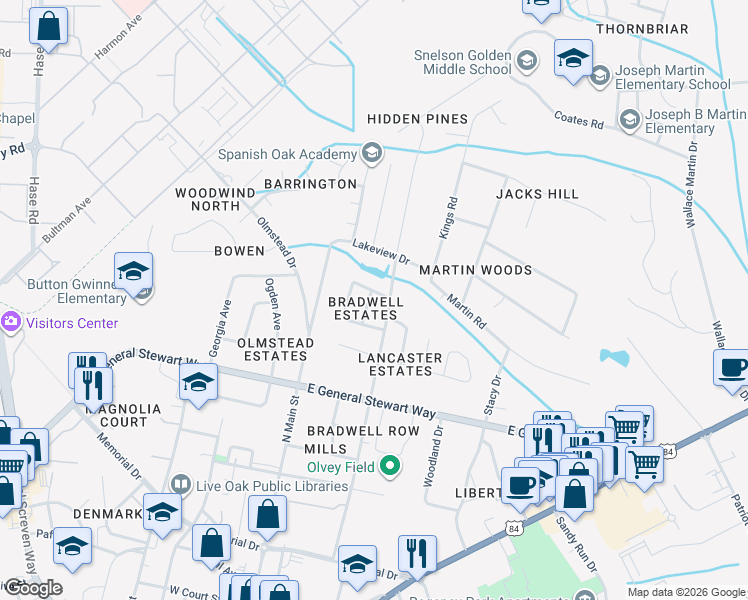 map of restaurants, bars, coffee shops, grocery stores, and more near 718 Johnson Street in Hinesville