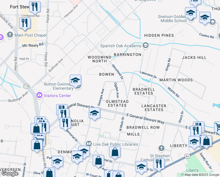 map of restaurants, bars, coffee shops, grocery stores, and more near 611 Caroline Street in Hinesville