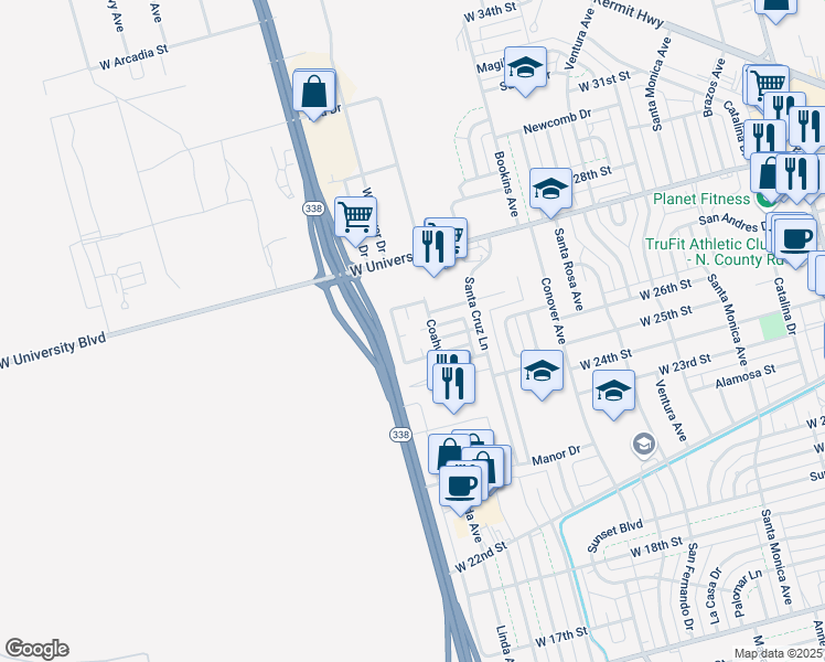 map of restaurants, bars, coffee shops, grocery stores, and more near West University Boulevard in Odessa