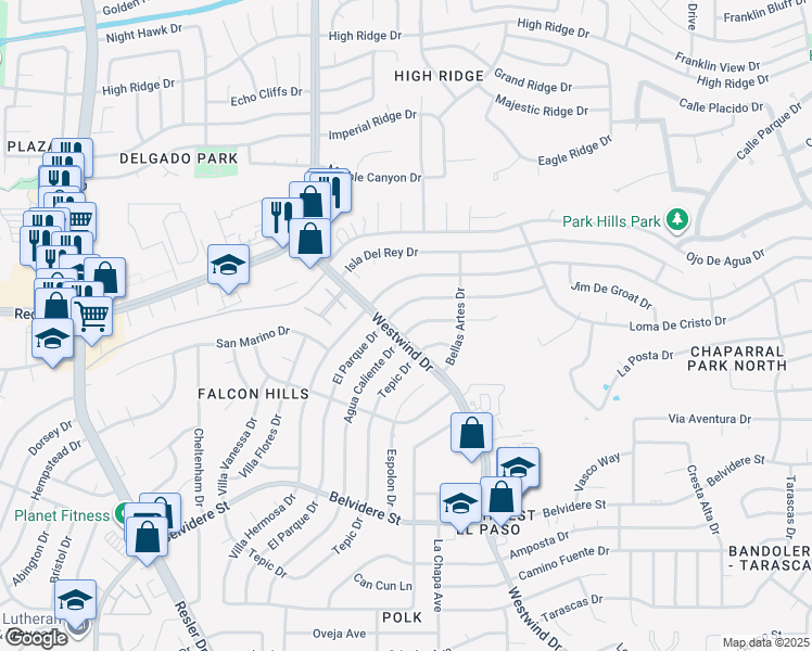 map of restaurants, bars, coffee shops, grocery stores, and more near 900 Agua Caliente Drive in El Paso