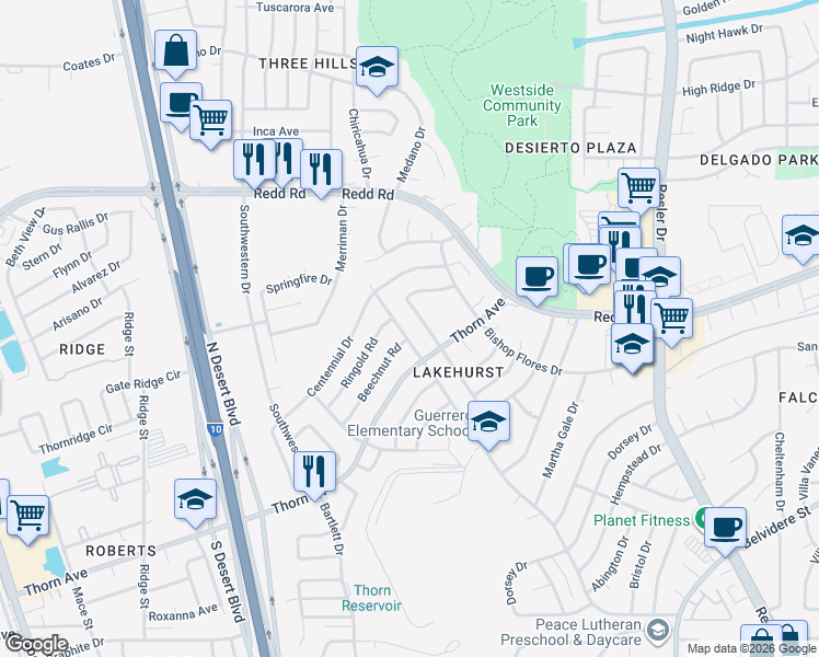 map of restaurants, bars, coffee shops, grocery stores, and more near 8608 Lakehurst Road in El Paso