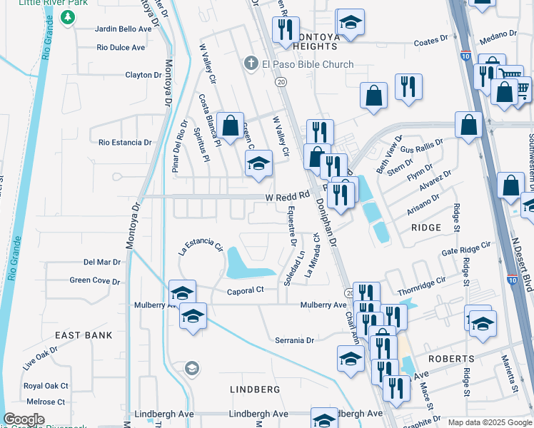 map of restaurants, bars, coffee shops, grocery stores, and more near 221 La Mirada Circle in El Paso