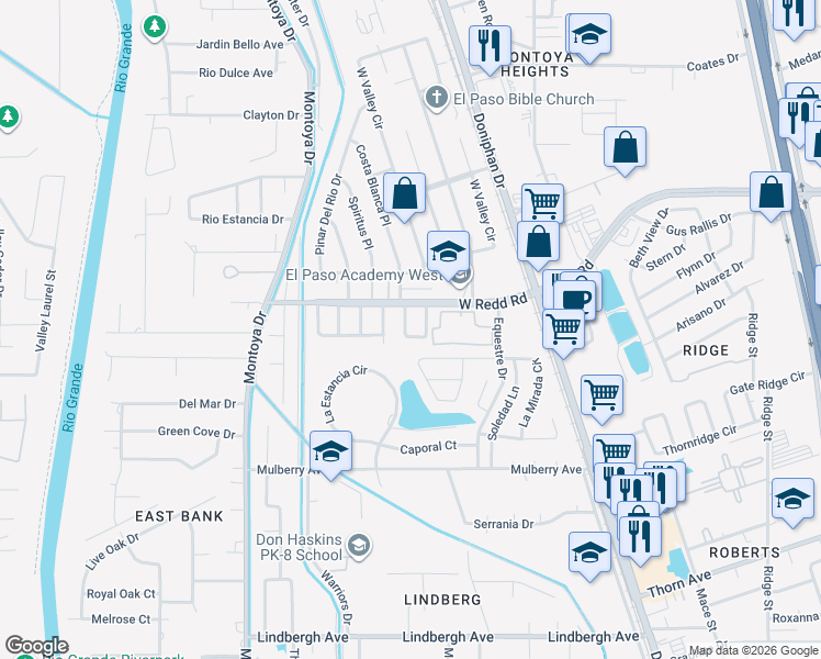 map of restaurants, bars, coffee shops, grocery stores, and more near 5531 Oakbriar Circle in El Paso
