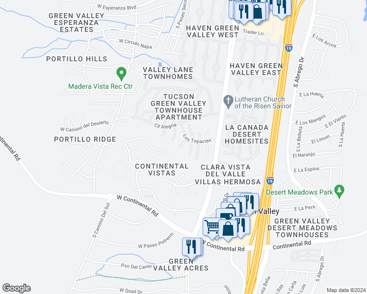 map of restaurants, bars, coffee shops, grocery stores, and more near 845 Placita Topa in Green Valley