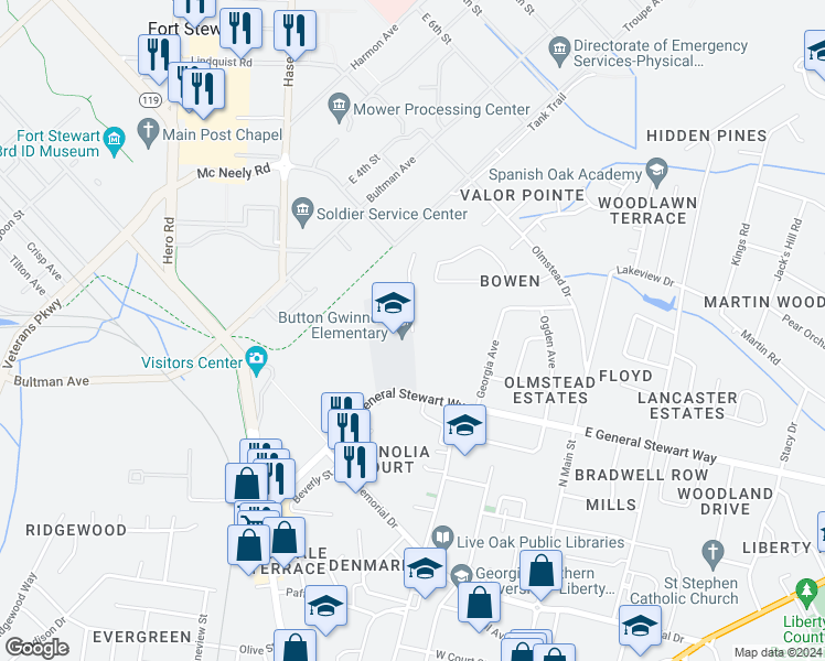 map of restaurants, bars, coffee shops, grocery stores, and more near 680 Taylor Road in Hinesville