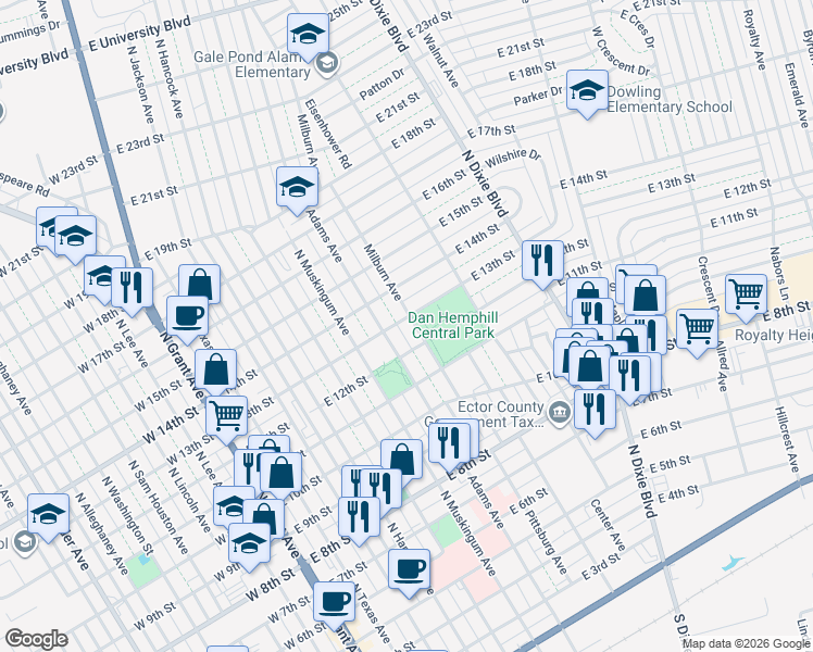 map of restaurants, bars, coffee shops, grocery stores, and more near 1200 Milburn Avenue in Odessa