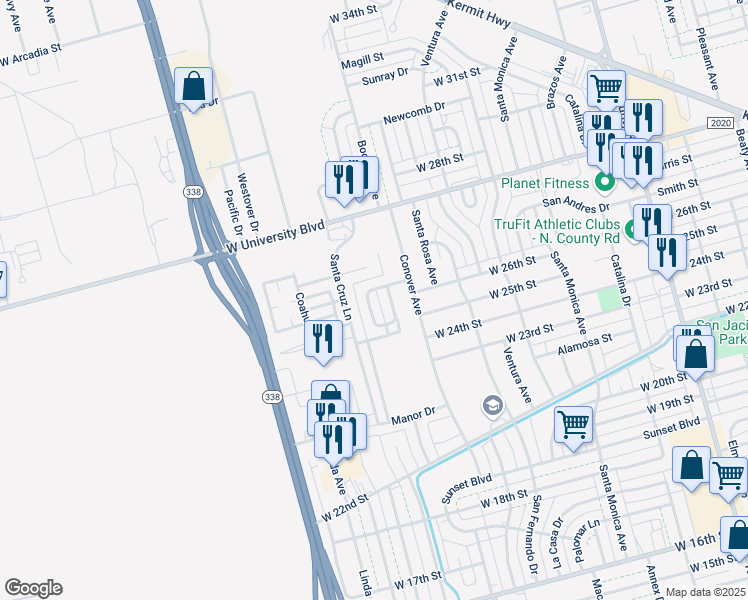 map of restaurants, bars, coffee shops, grocery stores, and more near 32 Corona Circle in Odessa