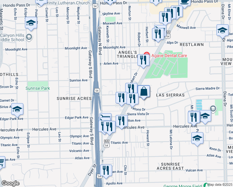 map of restaurants, bars, coffee shops, grocery stores, and more near 4500 Lawrence Avenue in El Paso