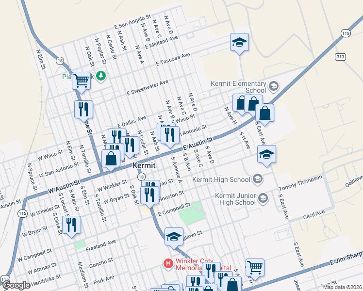 map of restaurants, bars, coffee shops, grocery stores, and more near 100-148 South Ave B in Kermit