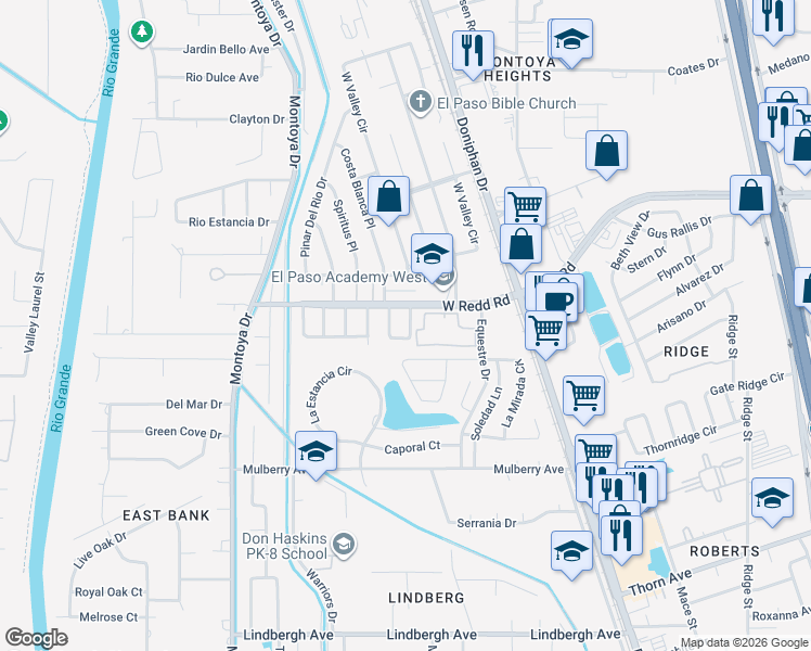 map of restaurants, bars, coffee shops, grocery stores, and more near 5511 Oakbriar Circle in El Paso