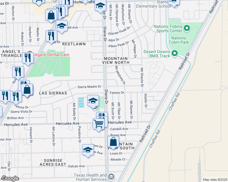 map of restaurants, bars, coffee shops, grocery stores, and more near 8515 Mount Scott Drive in El Paso