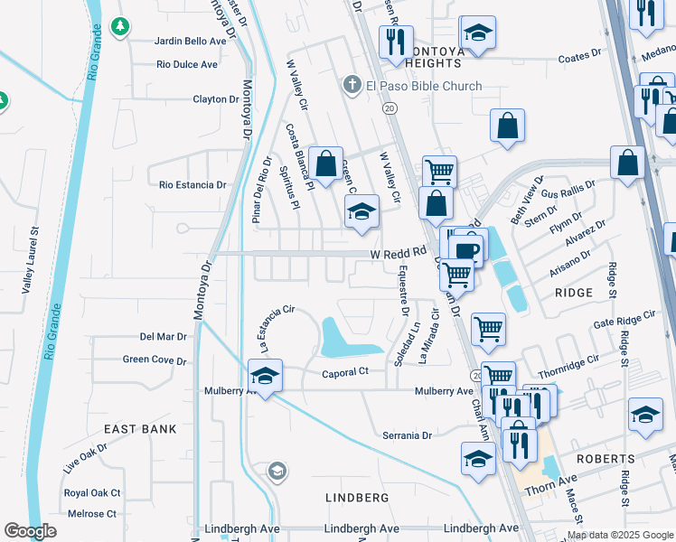 map of restaurants, bars, coffee shops, grocery stores, and more near 321 La Mirada Circle in El Paso